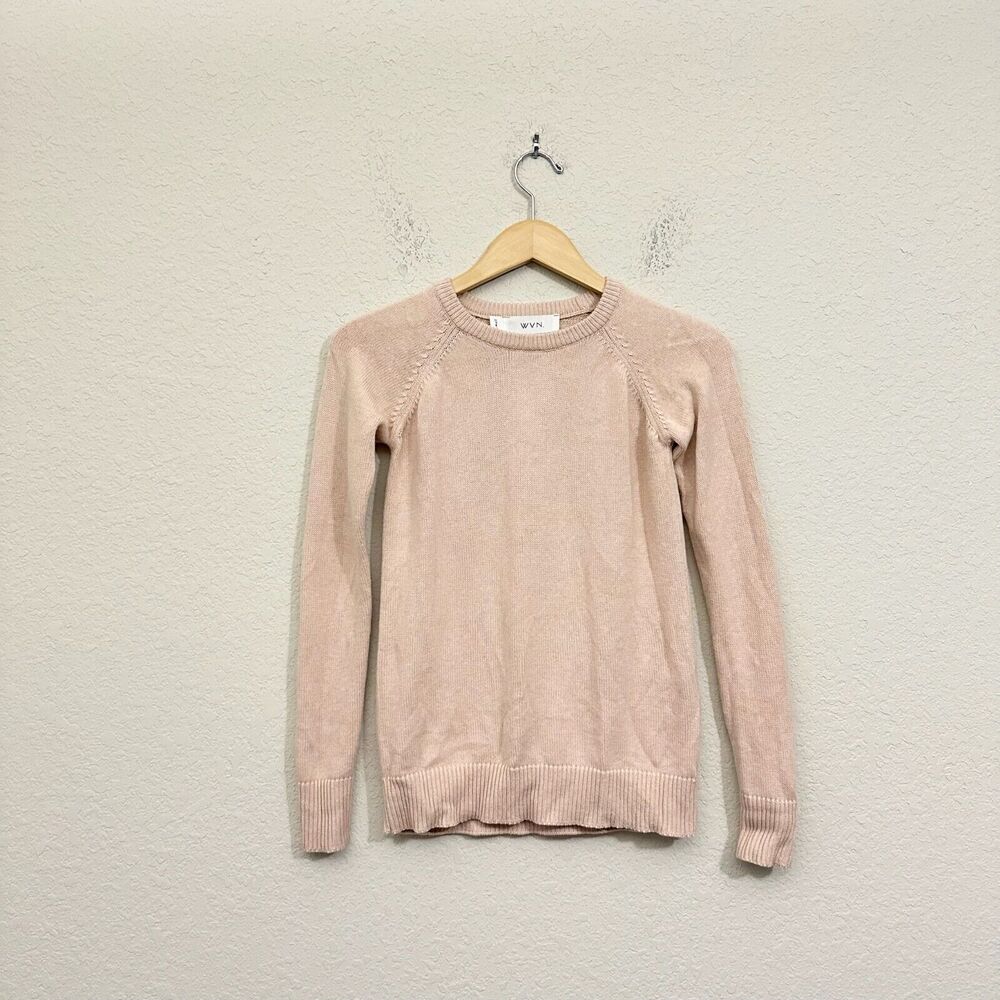 WVN Isle Knit Crew Neck Pullover Sweater Ribbed-Trim in Nude/Beige